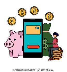 young woman using smartphone and piggy with money