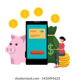 young woman using smartphone and piggy with money