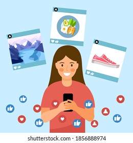 Young woman using smartphone and sharing content. Getting likes in social media app concept banner. Like buttons, messages and followers icons. Online chat. Live chatting.