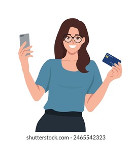 Young Woman Using Smartphone Shopping Online Holding Credit Card. Flat vector illustration isolated on white background