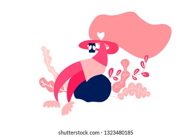 Young woman using a smartphone with social media. Girl watching in phone getting likes in social network freelance concept. Vector cartoon illustration isolated on white background