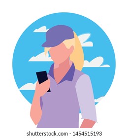 young woman using smartphone social media