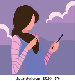 young woman using smartphone social media vector illustration