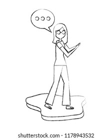 young woman using smartphone speech bubble chatting