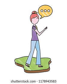 young woman using smartphone speech bubble chatting