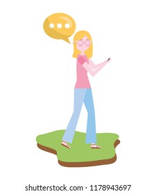 young woman using smartphone speech bubble chatting