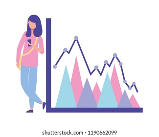 young woman using smartphone with statistics chart report
