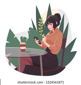 Young Woman Using Smartphone Working And Drinking Coffee At Outdoor Cafe. Girl Browsing Internet, Chatting, Blogging