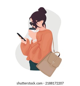 Young Woman Using Smartphone Working And Drinking Coffee. Girl Browsing Internet, Chatting, Blogging. Vector illustration