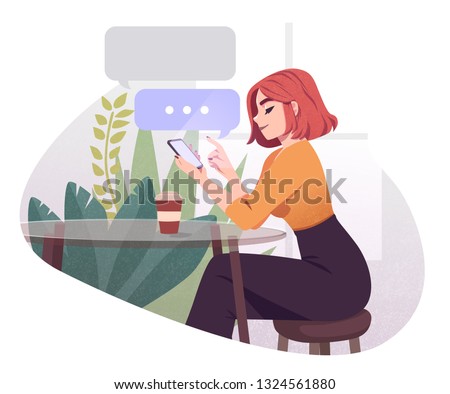 Young Woman Using Smartphone Working And Drinking Coffee At Outdoor Cafe. Girl Browsing Internet, Chatting, Blogging