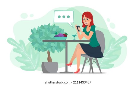 A young woman using a smartphone works and drinks a cocktail in an outdoor cafe. The girl on the Internet in a chat keeps a blog. Cartoon flat vector illustration isolated on white.