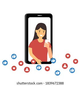 Mujer joven usando smartphones. Obteniendo "me gusta" en el cartel de concepto de aplicación de medios sociales. Como botones, mensajes y iconos de seguidores. Chat en línea. Charla en vivo.