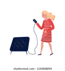 Young woman using solar panel, eco friendly people concept, protection and preservation of the environment vector Illustration on a white background