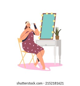 Young woman using spray moisturizer cosmetics for morning routine and skin care treatment. Female applying skincare cosmetology product. Cartoon flat vector illustration