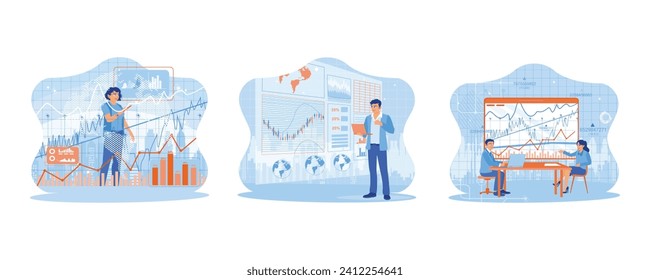Young woman using stock market trading chart chart on screen. Finance and innovation. Two colleagues are sitting in a conference room. set flat vector modern illustration