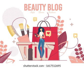 Young Woman Using Style Fashion Beauty Blog on Digital Mobile Tablet Device for Shopping. Cosmetics in Shopping Basket, Paper Bag. Dress Ordering, Purchasing, Delivery Online. Poster Design