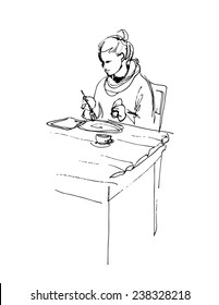 young woman using tablet computer and having lunch