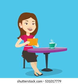 Young woman using a tablet computer in a cafe. Woman surfing in the social network. Social network concept. Woman rewriting in social network in a cafe. Vector flat design illustration. Square layout.