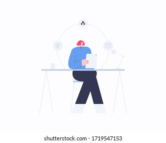 Young woman using tablet for shopping online, Video call, sending email. Work from home concept. Smart working online. Home office workplace.