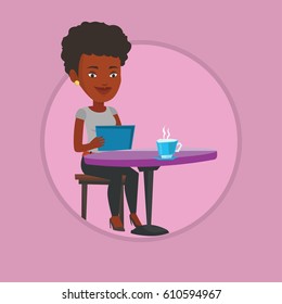 Young woman using a tablet and surfing in the social network. Woman rewriting in social network in a cafe. Social network concept. Vector flat design illustration in the circle isolated on background.