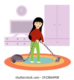 Young Woman Using A Vacuum Cleaner Cleaning Carpet In Her Home