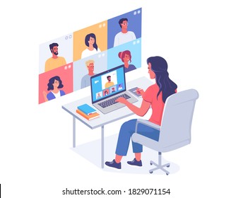 Young woman using video conference for communication and work isometric vector illustration 