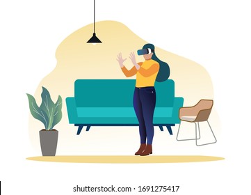 Young woman using virtual reality 3d glass