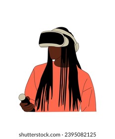 Junge Frau, die einen Headset-Vektor für virtuelle Realität verwendet.