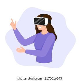 Young woman using VR glasses. Metaverse digital simulation technology concept vector illustration in flat style