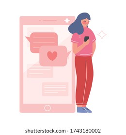 Young Woman Using Website or Mobile Application for Dating, Virtual Relationships, Girl Standing Leaning Against Big Smartphone Vector Illustration