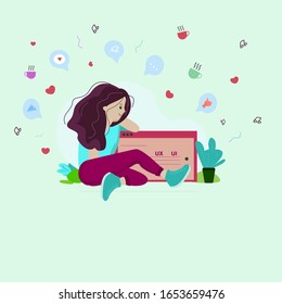 Young woman using  website sitting in application. Mobile concept. Flat designthe concept can be used for, landing pages,templates, User interface, web, mobile applications, posters, banners, leaflets