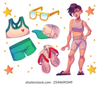 Mulher jovem e roupas de férias conjunto isolado no fundo branco. Ilustração de desenho animado vetor da personagem feminina em forma com roupas íntimas com penteado hipster, calções de praia, top, flip-flops, óculos de sol