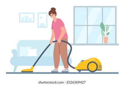 Mujer joven con aspiradora. Chica haciendo tareas domésticas y limpieza en casa. Profesión limpiador o ama de casa. Ilustración vectorial sobre fondo blanco.