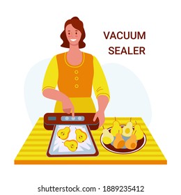 Young woman with a vacuum sealer. Vector illustration in flat cartoon style, isolated on white background.