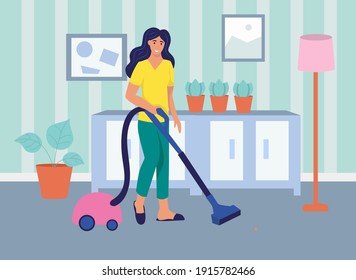 A young woman vacuums the house. The concept of daily life, everyday leisure and work activities. Flat cartoon vector illustration.