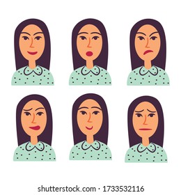 Young Woman With Various Facial Expression. Cartoon Character. Vector Illustration.
