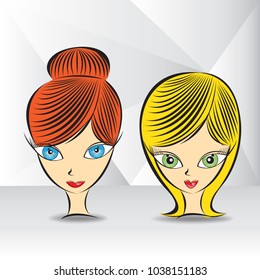 young woman with various hairstyle and color vector illustration, Wig girl, woman's face, cartoon