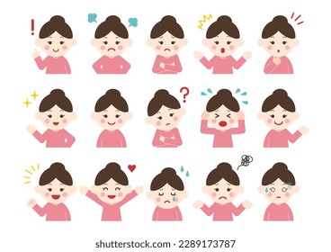 Young woman in various poses and facial expressions. Vector illustration. Different emotions icon set. White background. 