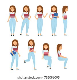 Young woman vector character set in flat cartoon style, different poses standing and sitting. Student, office worker in casual clothes.