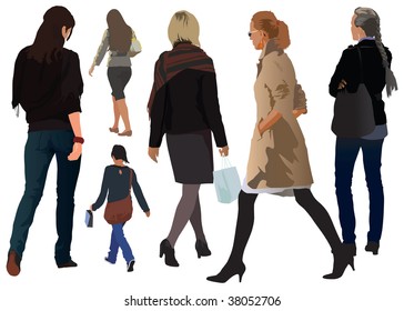 Young woman vector collection. Autumn casual clothes. Six separated ladies. Realistic color illustration.