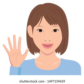 Young woman vector illustration (upper body) / open hand with smiling , good bye