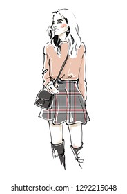 Young woman vector sketch. Fashion illustration