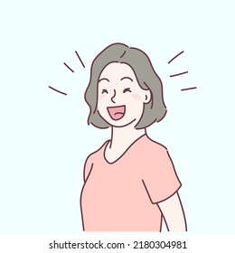 Young woman is very happy and laugh. Emotional facial expression concept. Hand drawn in thin line style, vector illustrations.