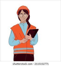 Young woman in a vest and hard hat holds a tablet. Woman worker, engineer, builder, vector illustration isolated on white background.Professional work job occupation.