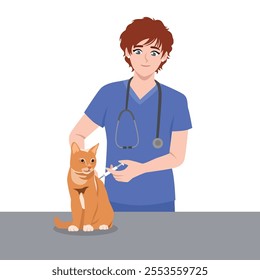 Young woman vet doctor with cat in clinic. Flat Vector character illustration