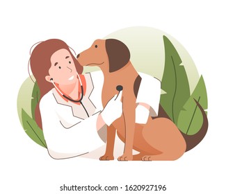 Young Woman Veterinarian Doctor Examining A Dog With Stethoscope. Pet Health Care And Medical Concept