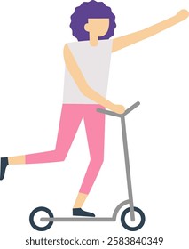 Young woman with vibrant purple hair, dressed in casual attire and pink leggings, riding a kick scooter while cheerfully waving with one hand, embodies a carefree urban lifestyle