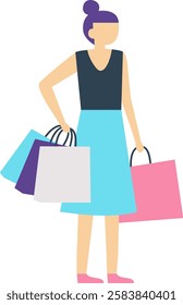 Young woman with vibrant purple hair, dressed in casual clothing, joyfully holding shopping bags filled with new clothes after a successful shopping trip
