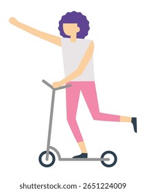 Jovem mulher com cabelo roxo vibrante montando uma scooter, acenando alegremente enquanto desfruta de um passeio de lazer pela cidade, cumprimentando rostos familiares em um dia ensolarado