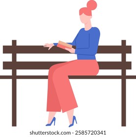 Young woman with vibrant red hair, dressed in a blue shirt, sitting comfortably on a park bench, engrossed in reading a book, savoring moments of relaxation and literary enjoyment in nature